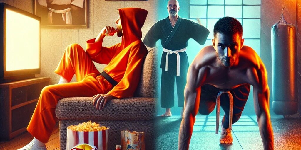 defunkinthefunk_capkido_martial_arts_discipline_vs_lazy_lifestyle Discover the power of choice with this striking visual from Capkido.com. On one side, a sedentary lifestyle filled with junk food and distractions; on the other, the focused energy of martial arts discipline. This image perfectly captures the core mission of Defunkin The Funk—helping you break free from mental and physical ruts to unlock your full potential. At Capkido.com, we blend mindset coaching, martial arts philosophy, and daily accountability to help you conquer laziness, rebuild discipline, and level up your life—one intentional habit at a time.