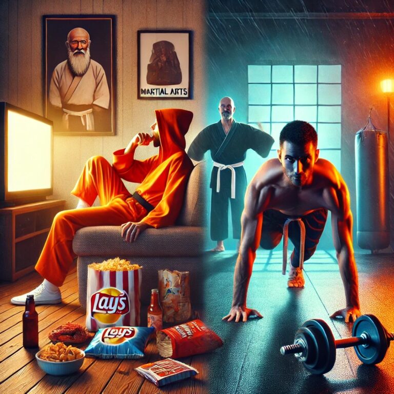 defunkinthefunk_capkido_martial_arts_discipline_vs_lazy_lifestyle Discover the power of choice with this striking visual from Capkido.com. On one side, a sedentary lifestyle filled with junk food and distractions; on the other, the focused energy of martial arts discipline. This image perfectly captures the core mission of Defunkin The Funk—helping you break free from mental and physical ruts to unlock your full potential. At Capkido.com, we blend mindset coaching, martial arts philosophy, and daily accountability to help you conquer laziness, rebuild discipline, and level up your life—one intentional habit at a time.