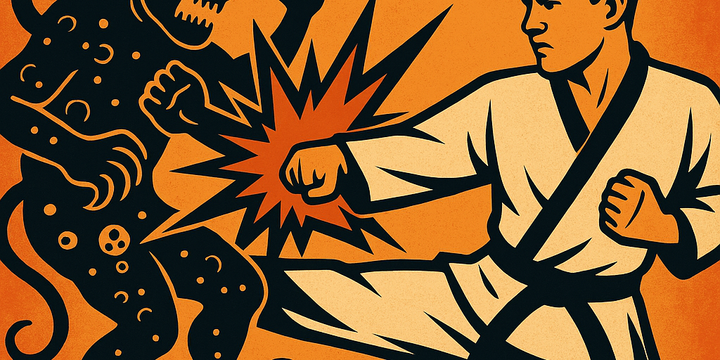 defunkinthefunk_capkido_martial_artist_kicking_cancer_orange_black_white A powerful visual representation of Capkido.com’s health philosophy, showing a martial artist defeating a symbolic cancer creature. This image reflects the core message of Defunkin The Funk—using discipline, awareness, and martial arts principles to fight illness and promote wellness at any age. Created to support Grandmaster Caprio’s mission to help individuals live stronger, healthier lives through Capkido’s holistic teachings.