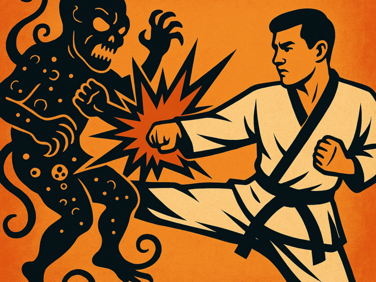 A powerful visual representation of Capkido.com’s health philosophy, showing a martial artist defeating a symbolic cancer creature. This image reflects the core message of Defunkin The Funk—using discipline, awareness, and martial arts principles to fight illness and promote wellness at any age. Created to support Grandmaster Caprio’s mission to help individuals live stronger, healthier lives through Capkido’s holistic teachings.