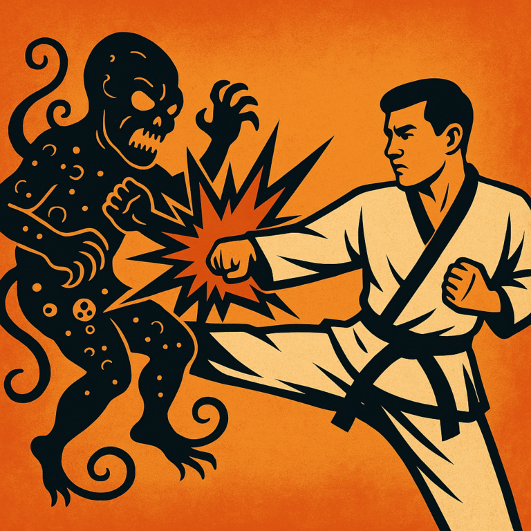 defunkinthefunk_capkido_martial_artist_kicking_cancer_orange_black_white A powerful visual representation of Capkido.com’s health philosophy, showing a martial artist defeating a symbolic cancer creature. This image reflects the core message of Defunkin The Funk—using discipline, awareness, and martial arts principles to fight illness and promote wellness at any age. Created to support Grandmaster Caprio’s mission to help individuals live stronger, healthier lives through Capkido’s holistic teachings.