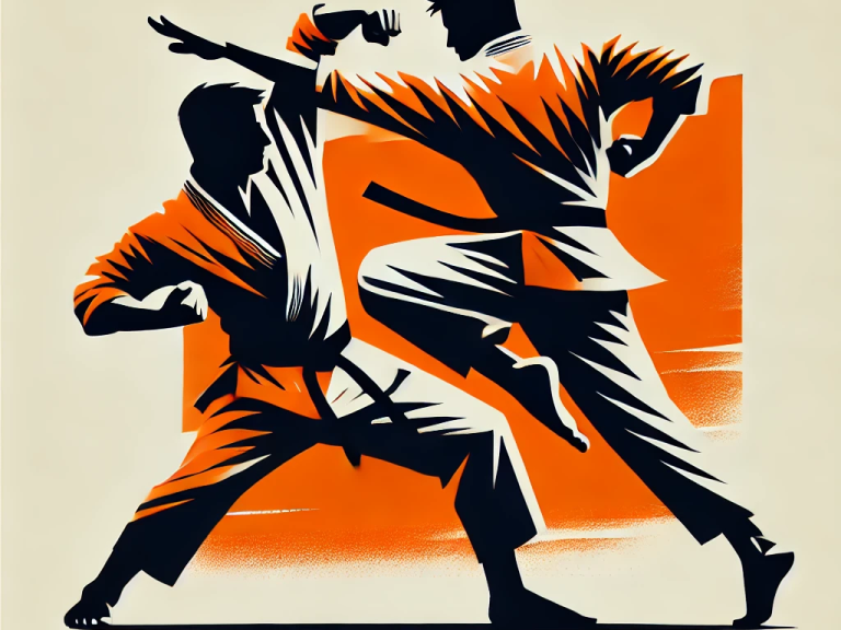 High-contrast orange and black silhouette of two martial artists practicing connected striking flow, representing how the four Capkido punches link together in real combat movement