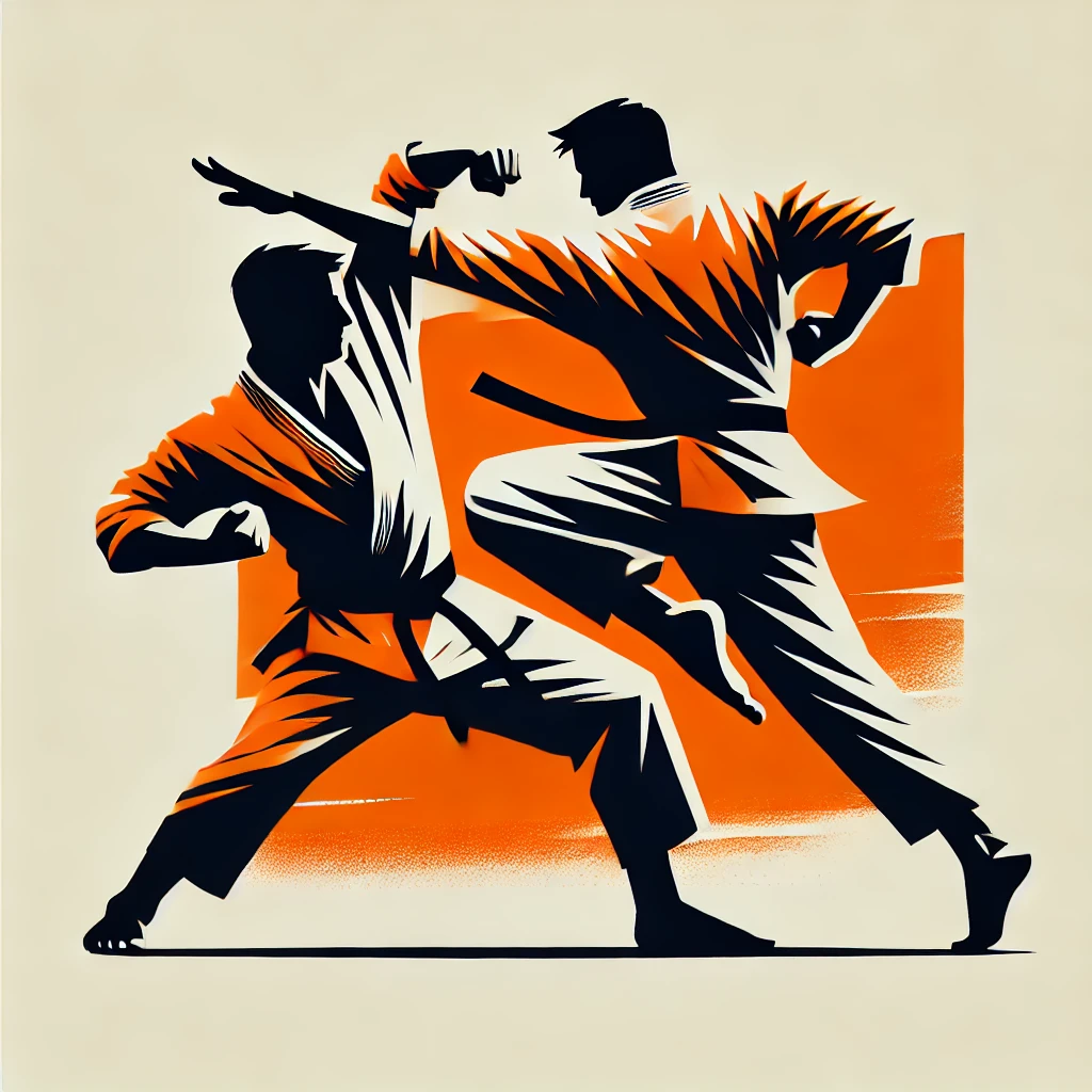 High-contrast orange and black silhouette of two martial artists practicing connected striking flow, representing how the four Capkido punches link together in real combat movement