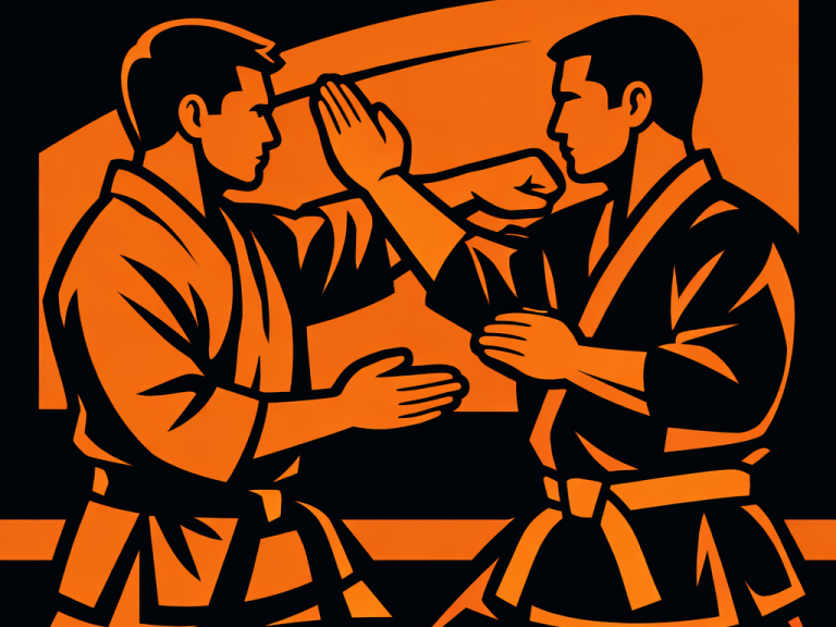 Martial artist practicing a defensive block technique with a training partner in a controlled indoor setting