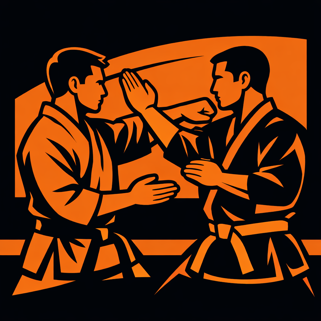 Martial artist practicing a defensive block technique with a training partner in a controlled indoor setting