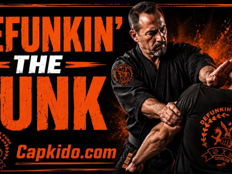 Black-and-orange Capkido featured image showing a practical martial arts self-defense demonstration with Defunkin’ The Funk and Capkido.com branding.